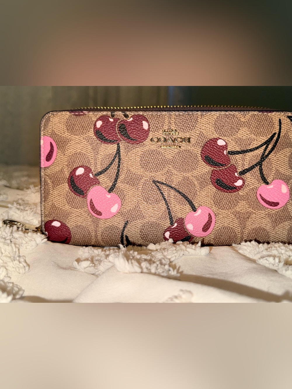 Coach Cherry Print Long Zip Wallet in Brown, Pink and Red
